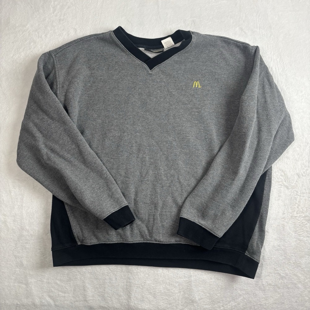 McDonald's Staff Grey Pullover Long Sleeve V-Neck Fleece Sweatshirt Men's XL